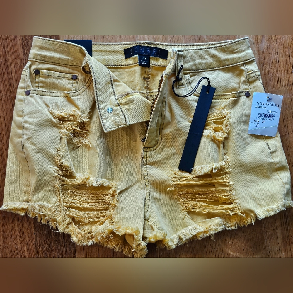 Tinsel Yellow Jean Shorts Distressed Casual Style
